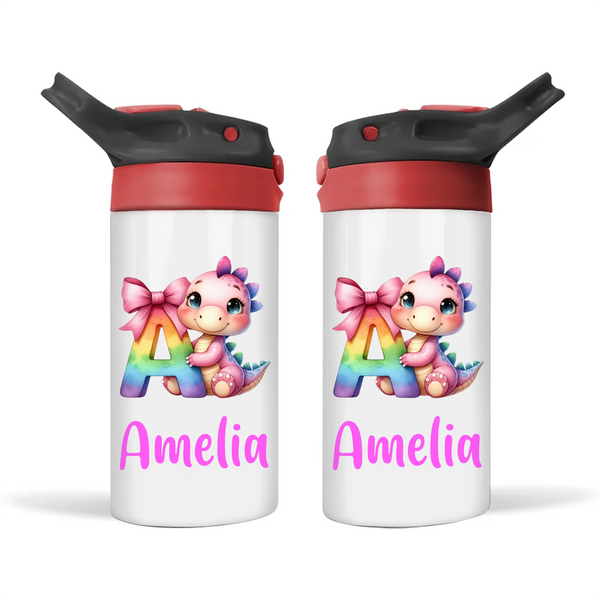 Personalised Pink Dino Alphabet Kids Sippy Bottle – Custom Double-Walled Stainless Steel Drink Bottle with Flip Top Lid