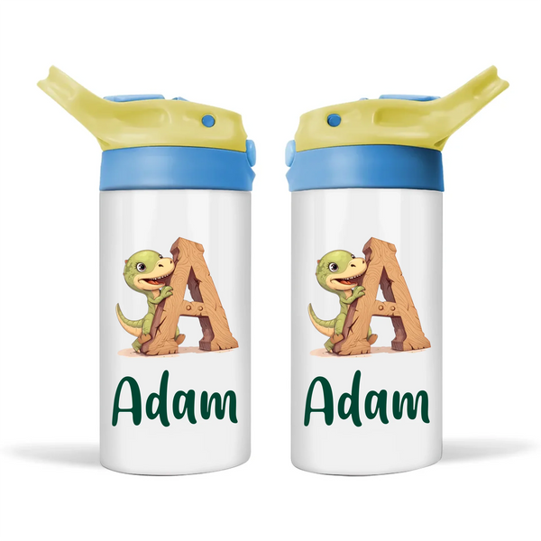 Personalised Dino Alphabet Kids Sippy Bottle – Custom Double-Walled Stainless Steel Drink Bottle with Flip-Top Lid
