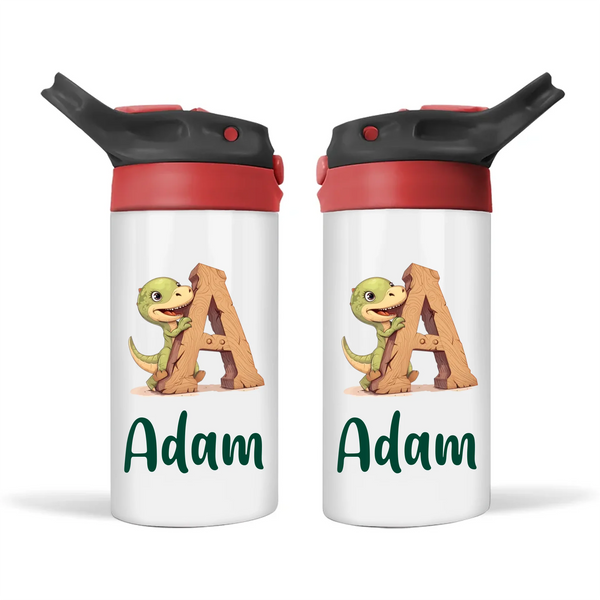 Personalised Dino Alphabet Kids Sippy Bottle – Custom Double-Walled Stainless Steel Drink Bottle with Flip-Top Lid