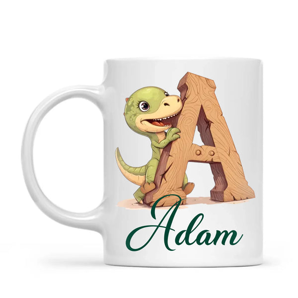Personalised Dino Alphabet Kids Mug – Custom Name Cup with Cute Dinosaur & Wooden Letter Design | 11 oz, 6 oz & Enamel Options