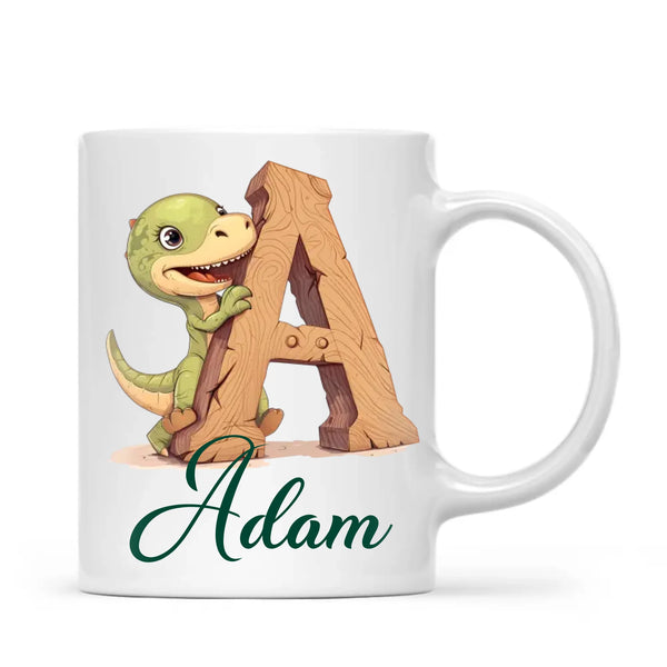 Personalised Dino Alphabet Kids Mug – Custom Name Cup with Cute Dinosaur & Wooden Letter Design | 11 oz, 6 oz & Enamel Options