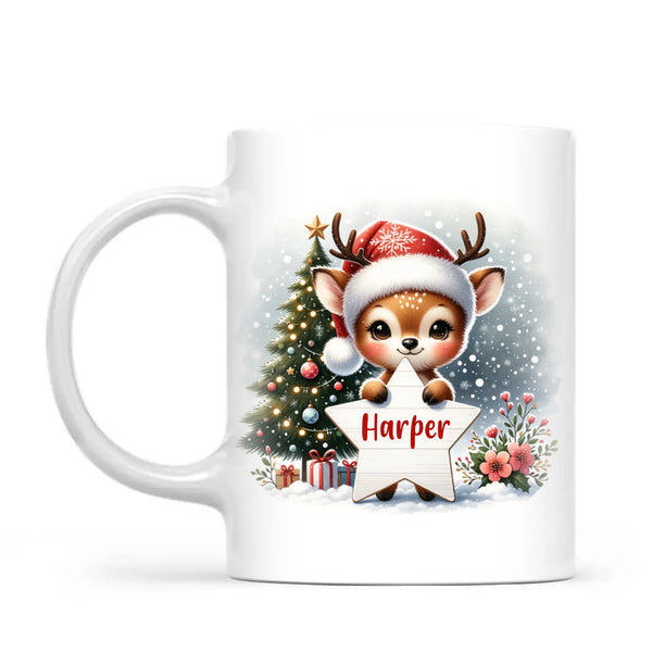 Personalised Christmas Reindeer Kids Mug – Custom Name Cup with Star Sign & Christmas Tree Design | 11 oz, 6 oz & Enamel Options
