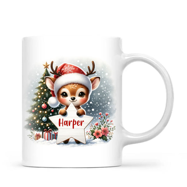 Personalised Christmas Reindeer Kids Mug – Custom Name Cup with Star Sign & Christmas Tree Design | 11 oz, 6 oz & Enamel Options