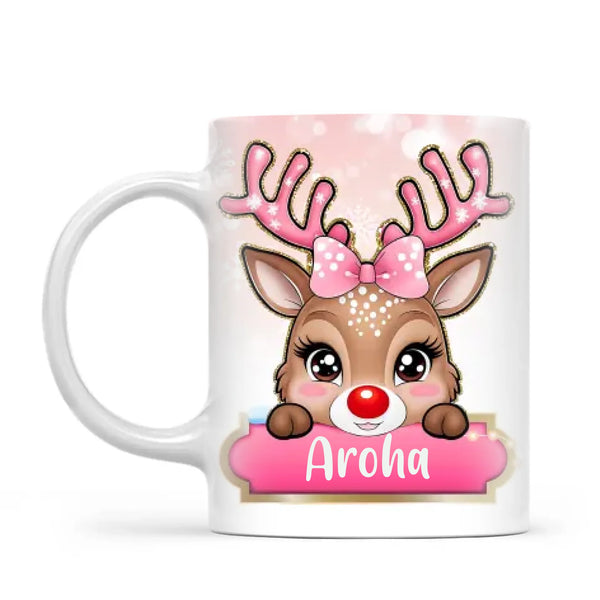 Personalised Christmas Reindeer Kids Mug – Custom Name Cup with Cute Boy or Girl Reindeer Design | 11 oz, 6 oz & Enamel Options