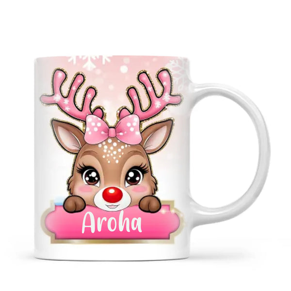 Personalised Christmas Reindeer Kids Mug – Custom Name Cup with Cute Boy or Girl Reindeer Design | 11 oz, 6 oz & Enamel Options
