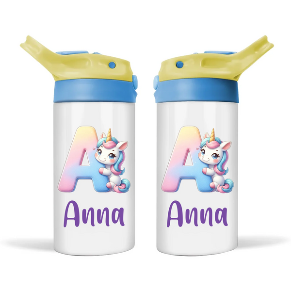 Personalised Unicorn Alphabet Sippy Bottle – Custom Double-Walled Kids Bottle with Name & Pastel Rainbow Letter Design | Flip-Top Lid