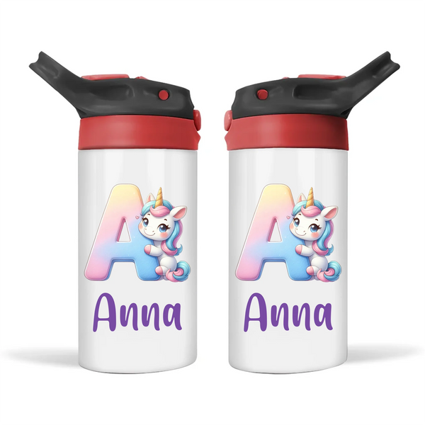 Personalised Unicorn Alphabet Sippy Bottle – Custom Double-Walled Kids Bottle with Name & Pastel Rainbow Letter Design | Flip-Top Lid