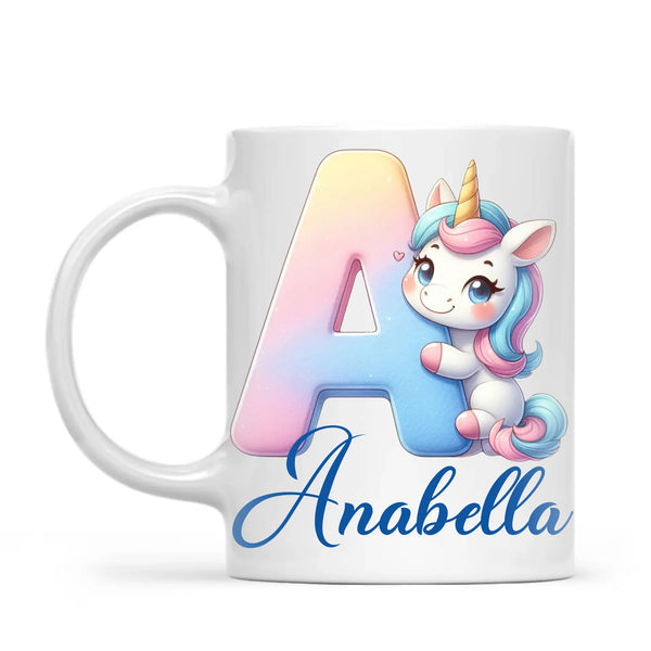 Personalised Unicorn Alphabet Kids Mug – Custom Name Cup with Magical Letter Design | 11 oz, 6 oz & Enamel Options