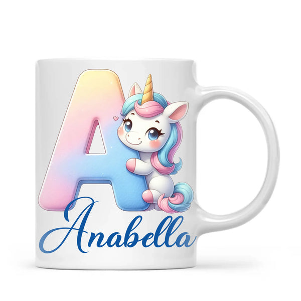 Personalised Unicorn Alphabet Kids Mug – Custom Name Cup with Magical Letter Design | 11 oz, 6 oz & Enamel Options