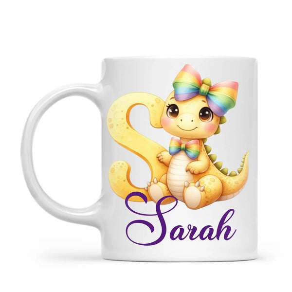 Personalised Yellow Dino Alphabet Kids Mug – Custom Name Cup with Cute Dinosaur & Rainbow Bow | 11 oz, 6 oz & Enamel Options
