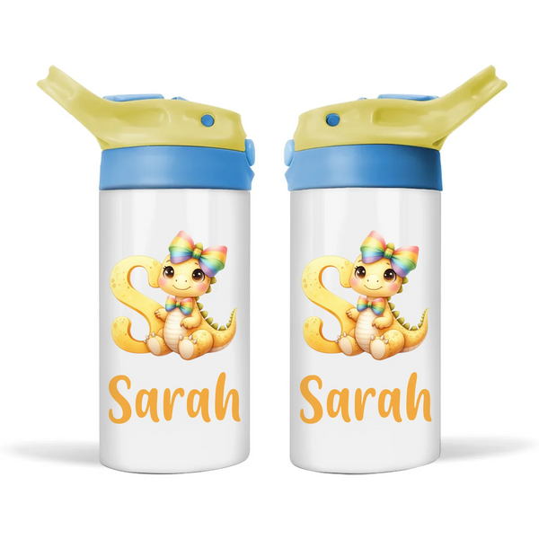 Personalised Yellow Dino Alphabet Kids Sippy Bottle – Custom Double-Walled Stainless Steel Drink Bottle with Flip Top Lid