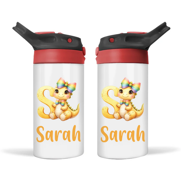 Personalised Yellow Dino Alphabet Kids Sippy Bottle – Custom Double-Walled Stainless Steel Drink Bottle with Flip Top Lid