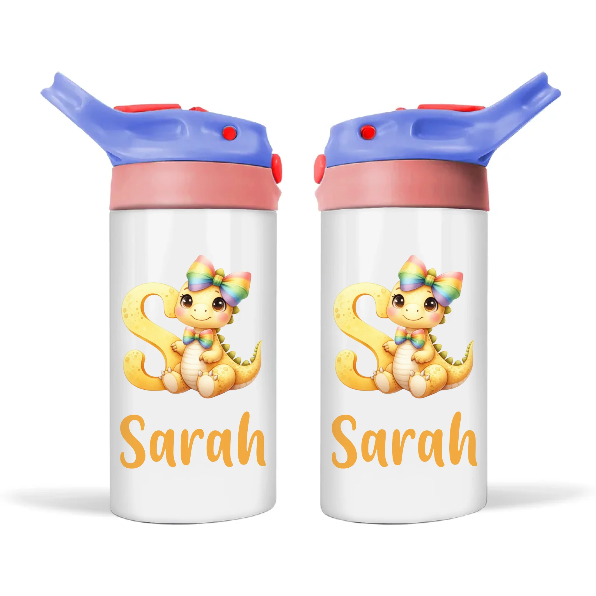Personalised Yellow Dino Alphabet Kids Sippy Bottle – Custom Double-Walled Stainless Steel Drink Bottle with Flip Top Lid