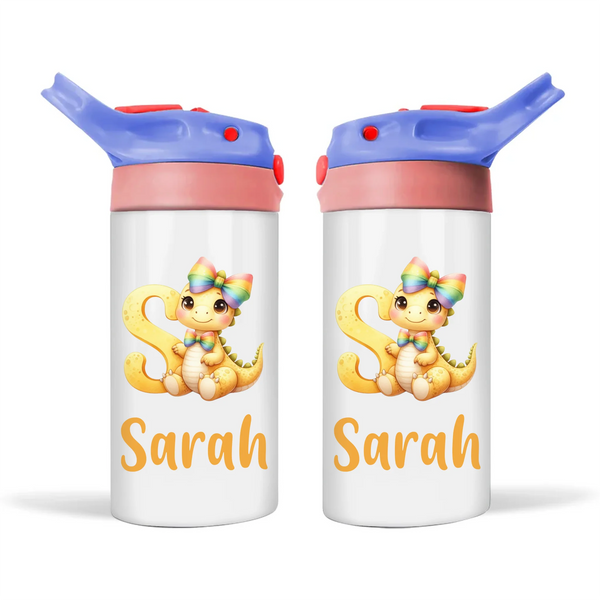 Personalised Yellow Dino Alphabet Kids Sippy Bottle – Custom Double-Walled Stainless Steel Drink Bottle with Flip Top Lid