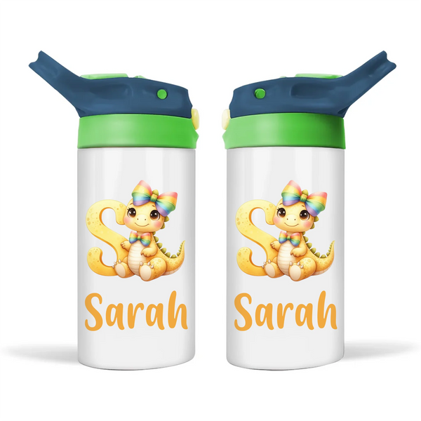 Personalised Yellow Dino Alphabet Kids Sippy Bottle – Custom Double-Walled Stainless Steel Drink Bottle with Flip Top Lid