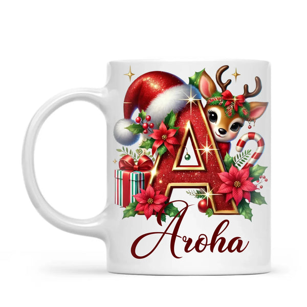 Personalised Christmas Alphabet Kids Mug – Custom Name Cup with Reindeer, Santa Hat & Festive Letter Design | 11 oz, 6 oz & Enamel Options