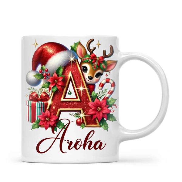 Personalised Christmas Alphabet Kids Mug – Custom Name Cup with Reindeer, Santa Hat & Festive Letter Design | 11 oz, 6 oz & Enamel Options