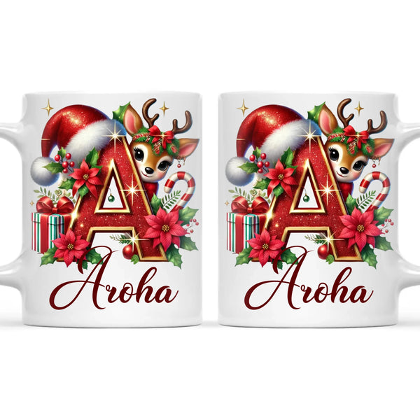 Personalised Christmas Alphabet Kids Mug – Custom Name Cup with Reindeer, Santa Hat & Festive Letter Design | 11 oz, 6 oz & Enamel Options