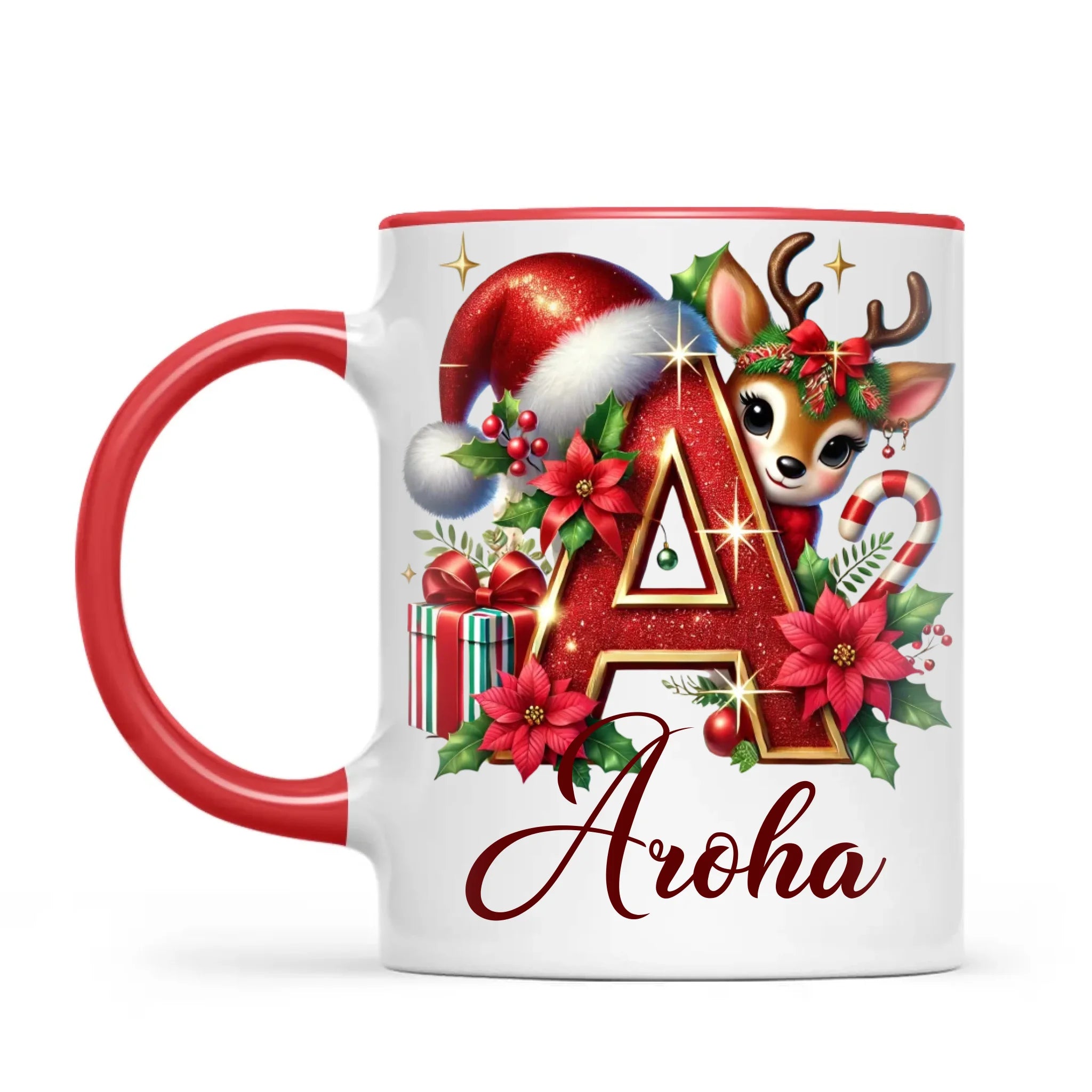 Personalised Christmas Alphabet Kids Mug – Custom Name Cup with Reindeer, Santa Hat & Festive Letter Design | 11 oz, 6 oz & Enamel Options