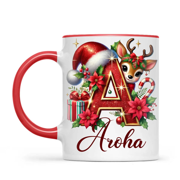Personalised Christmas Alphabet Kids Mug – Custom Name Cup with Reindeer, Santa Hat & Festive Letter Design | 11 oz, 6 oz & Enamel Options
