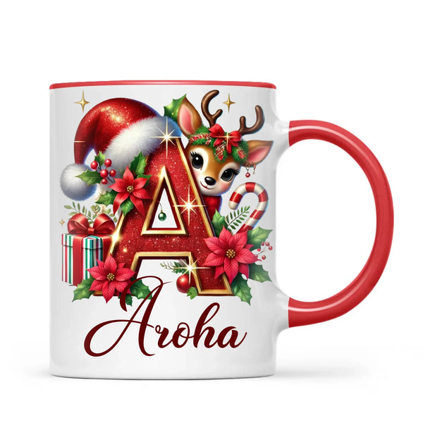 Personalised Christmas Alphabet Kids Mug – Custom Name Cup with Reindeer, Santa Hat & Festive Letter Design | 11 oz, 6 oz & Enamel Options