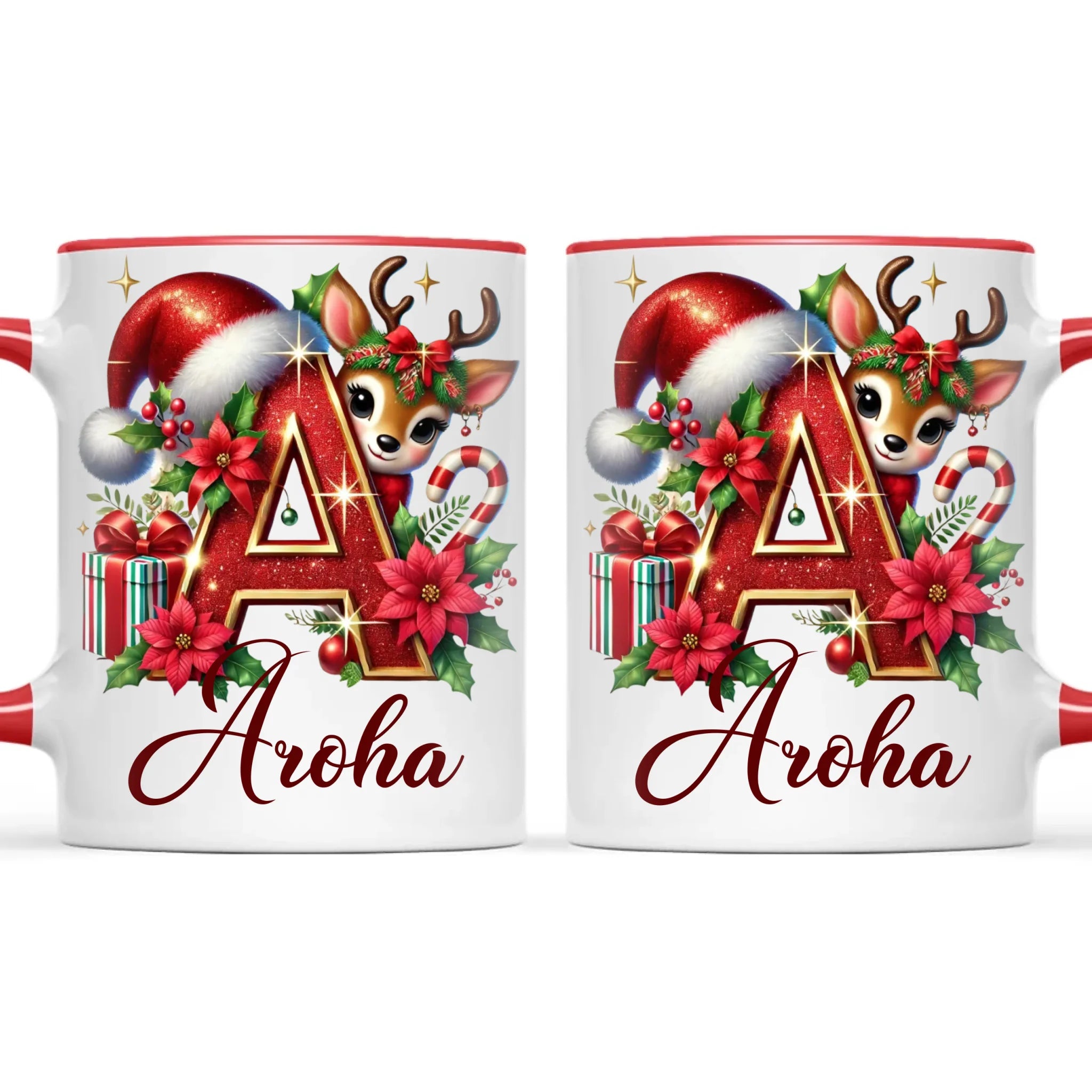 Personalised Christmas Alphabet Kids Mug – Custom Name Cup with Reindeer, Santa Hat & Festive Letter Design | 11 oz, 6 oz & Enamel Options