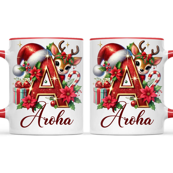 Personalised Christmas Alphabet Kids Mug – Custom Name Cup with Reindeer, Santa Hat & Festive Letter Design | 11 oz, 6 oz & Enamel Options