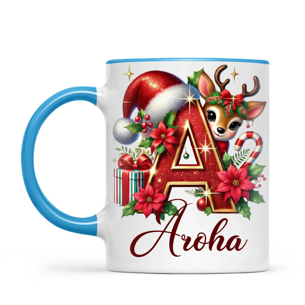 Personalised Christmas Alphabet Kids Mug – Custom Name Cup with Reindeer, Santa Hat & Festive Letter Design | 11 oz, 6 oz & Enamel Options