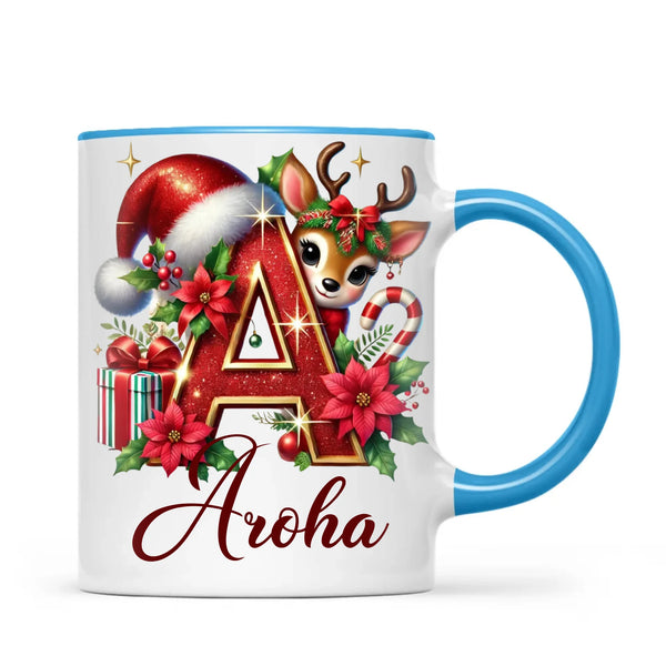 Personalised Christmas Alphabet Kids Mug – Custom Name Cup with Reindeer, Santa Hat & Festive Letter Design | 11 oz, 6 oz & Enamel Options
