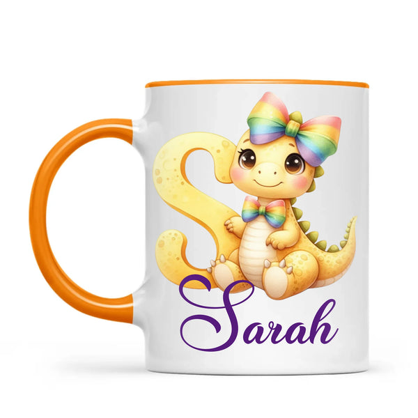 Personalised Yellow Dino Alphabet Kids Mug – Custom Name Cup with Cute Dinosaur & Rainbow Bow | 11 oz, 6 oz & Enamel Options