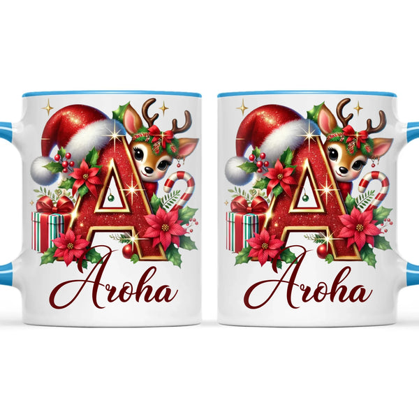 Personalised Christmas Alphabet Kids Mug – Custom Name Cup with Reindeer, Santa Hat & Festive Letter Design | 11 oz, 6 oz & Enamel Options