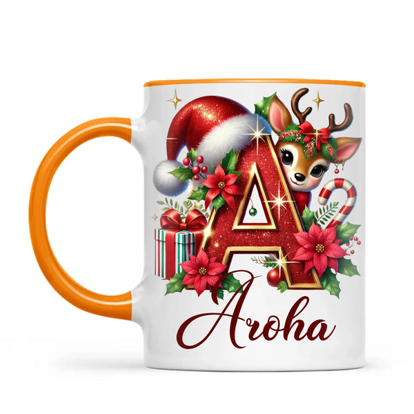 Personalised Christmas Alphabet Kids Mug – Custom Name Cup with Reindeer, Santa Hat & Festive Letter Design | 11 oz, 6 oz & Enamel Options