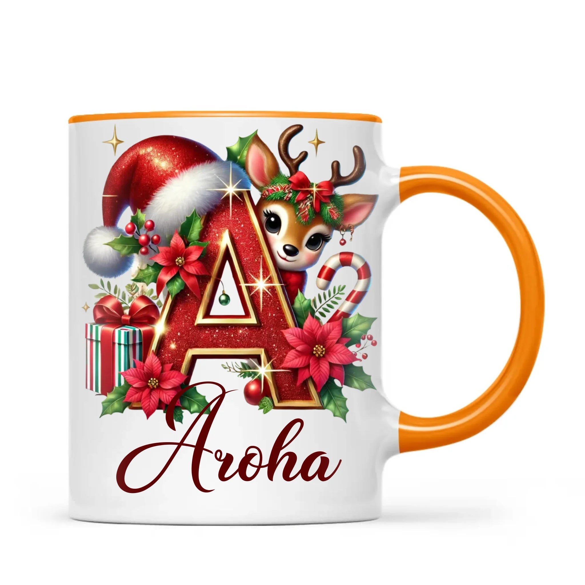 Personalised Christmas Alphabet Kids Mug – Custom Name Cup with Reindeer, Santa Hat & Festive Letter Design | 11 oz, 6 oz & Enamel Options