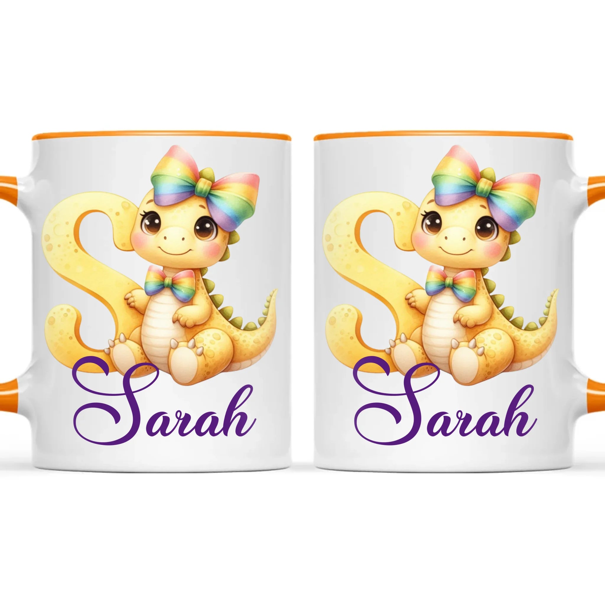 Personalised Yellow Dino Alphabet Kids Mug – Custom Name Cup with Cute Dinosaur & Rainbow Bow | 11 oz, 6 oz & Enamel Options