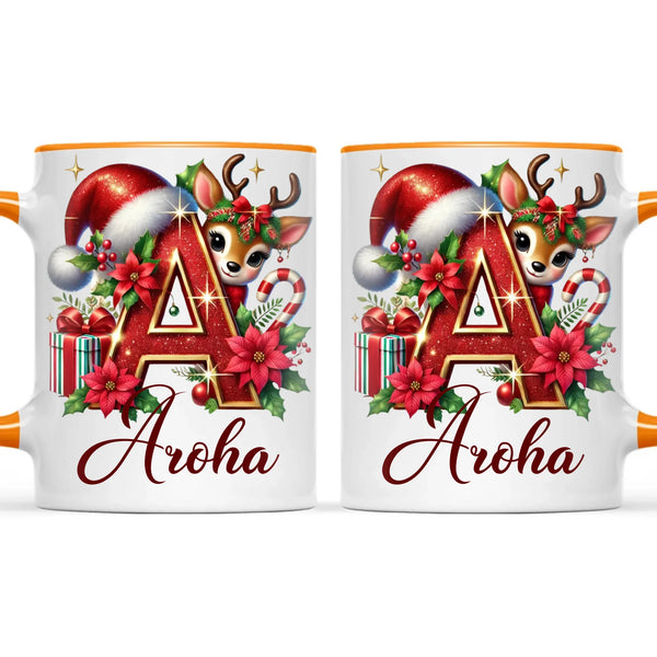 Personalised Christmas Alphabet Kids Mug – Custom Name Cup with Reindeer, Santa Hat & Festive Letter Design | 11 oz, 6 oz & Enamel Options