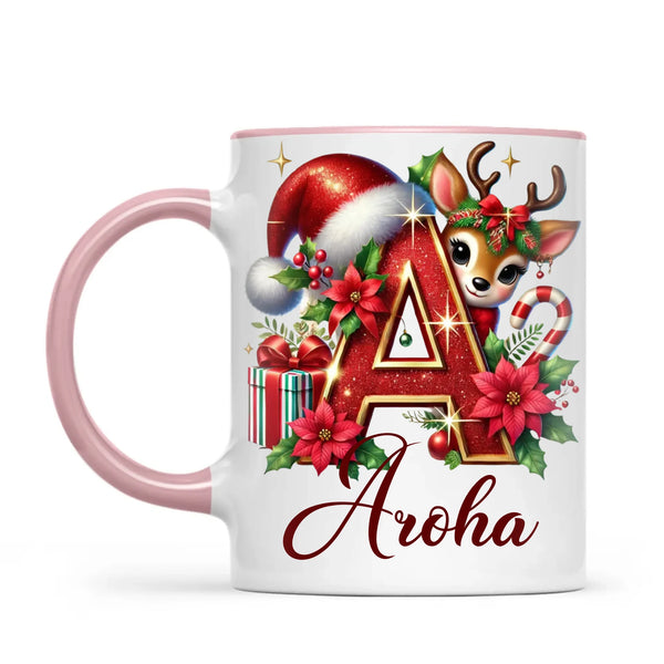 Personalised Christmas Alphabet Kids Mug – Custom Name Cup with Reindeer, Santa Hat & Festive Letter Design | 11 oz, 6 oz & Enamel Options