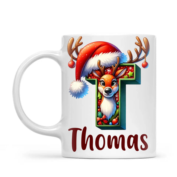Personalised Christmas Reindeer Alphabet Kids Mug – Custom Name Cup with Festive Letter & Santa Hat | 11 oz, 6 oz & Enamel Options