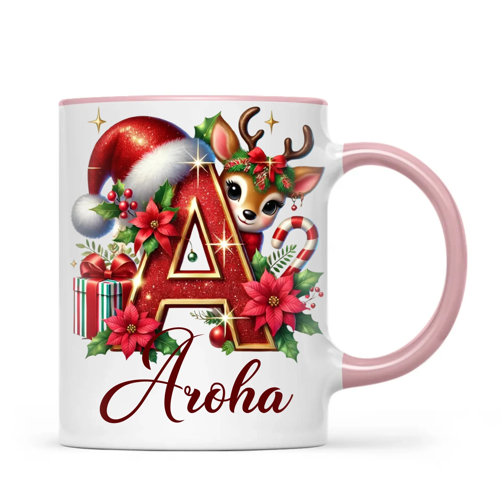 Personalised Christmas Alphabet Kids Mug – Custom Name Cup with Reindeer, Santa Hat & Festive Letter Design | 11 oz, 6 oz & Enamel Options
