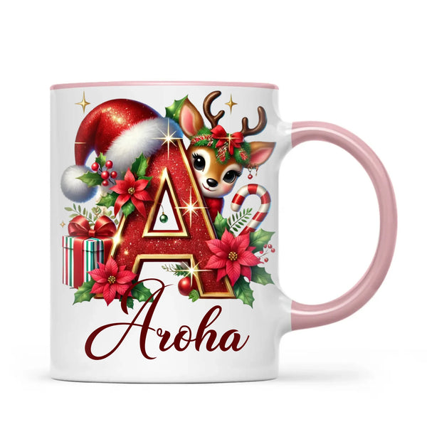 Personalised Christmas Alphabet Kids Mug – Custom Name Cup with Reindeer, Santa Hat & Festive Letter Design | 11 oz, 6 oz & Enamel Options