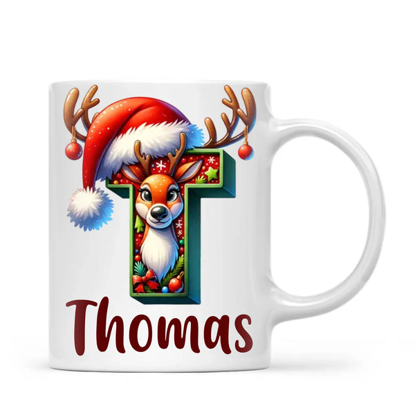 Personalised Christmas Reindeer Alphabet Kids Mug – Custom Name Cup with Festive Letter & Santa Hat | 11 oz, 6 oz & Enamel Options