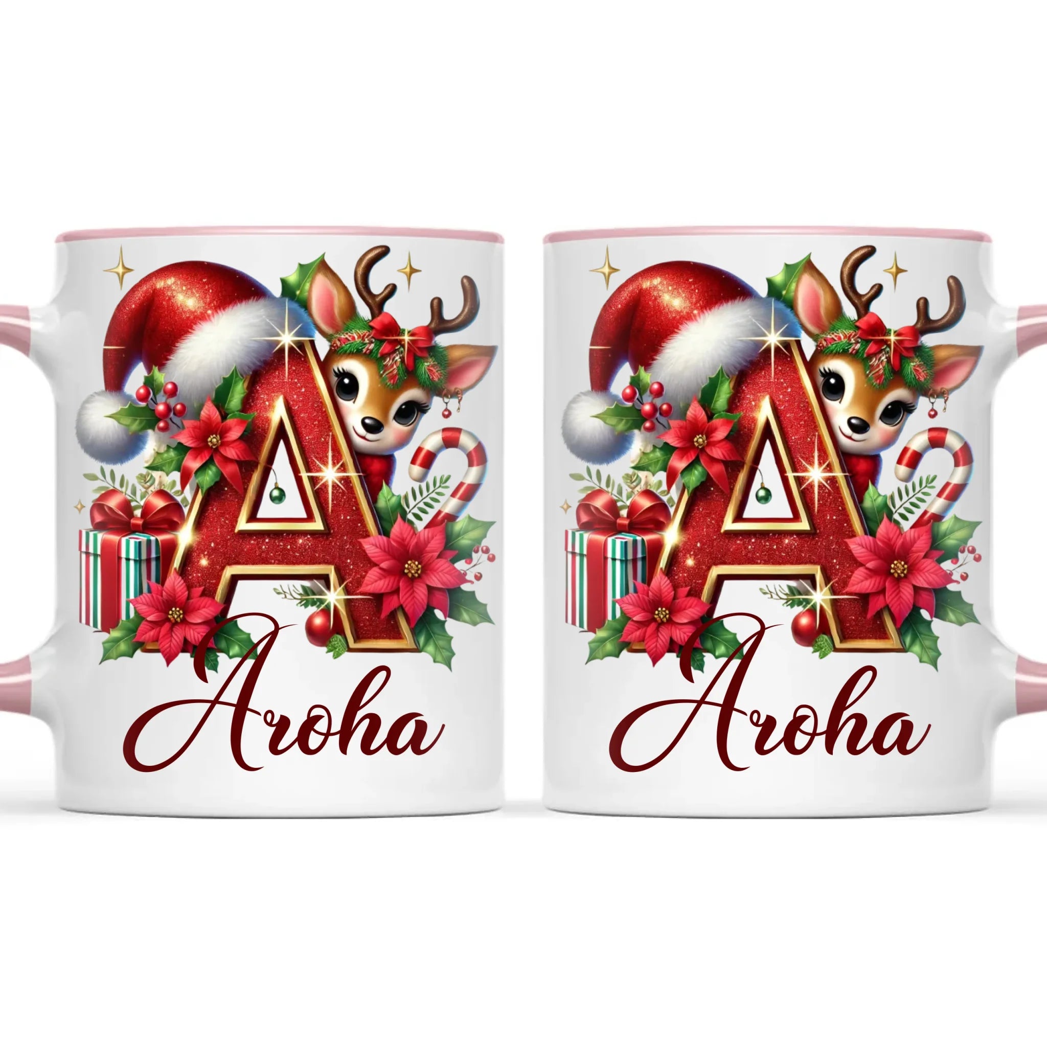 Personalised Christmas Alphabet Kids Mug – Custom Name Cup with Reindeer, Santa Hat & Festive Letter Design | 11 oz, 6 oz & Enamel Options