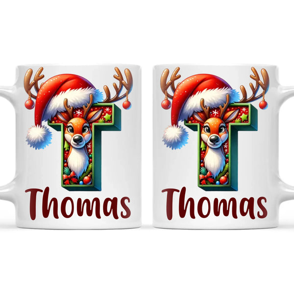 Personalised Christmas Reindeer Alphabet Kids Mug – Custom Name Cup with Festive Letter & Santa Hat | 11 oz, 6 oz & Enamel Options
