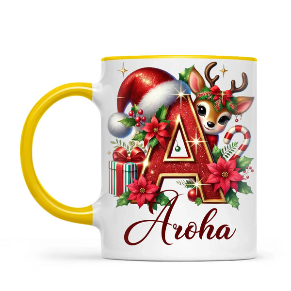 Personalised Christmas Alphabet Kids Mug – Custom Name Cup with Reindeer, Santa Hat & Festive Letter Design | 11 oz, 6 oz & Enamel Options