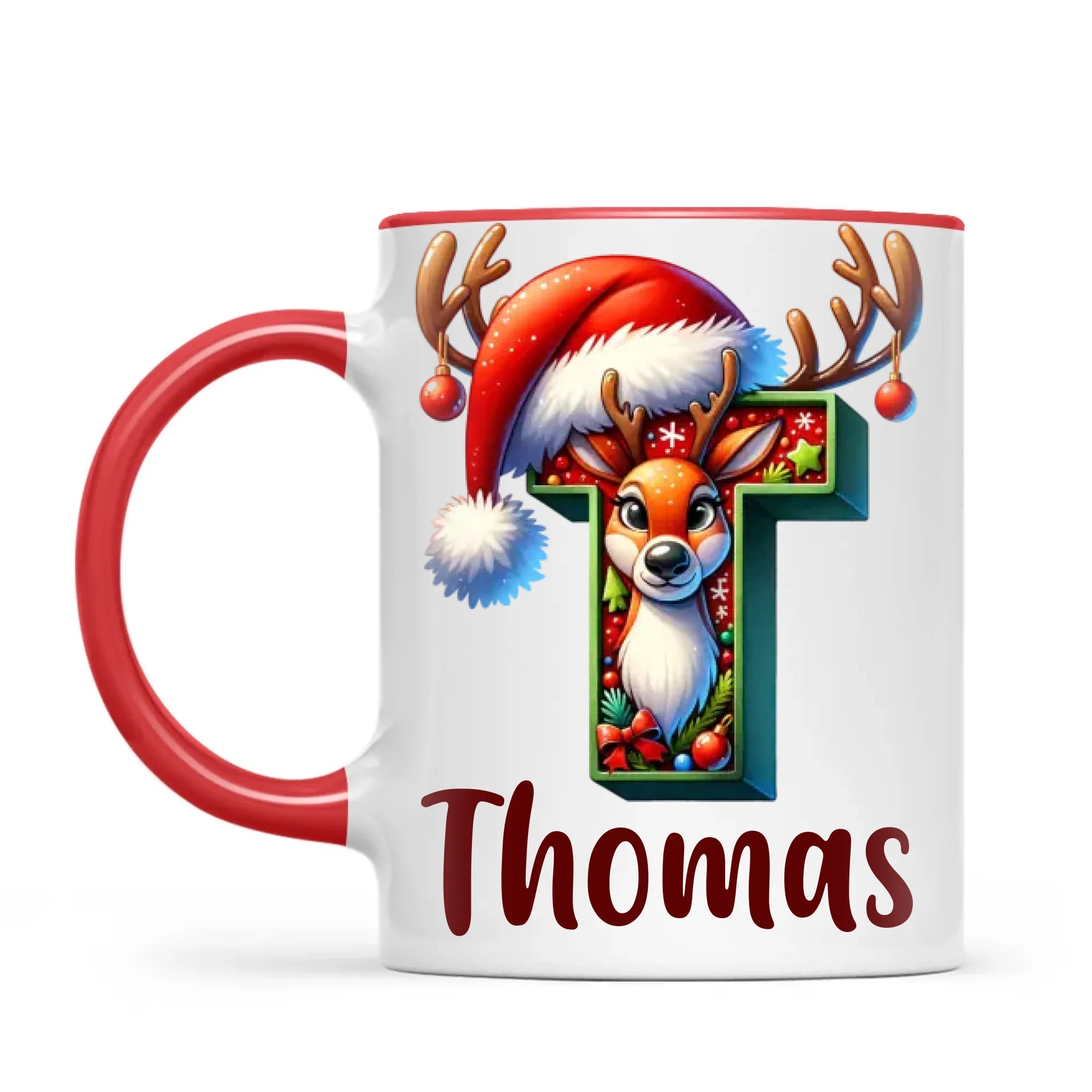 Personalised Christmas Reindeer Alphabet Kids Mug – Custom Name Cup with Festive Letter & Santa Hat | 11 oz, 6 oz & Enamel Options