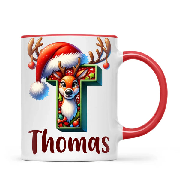 Personalised Christmas Reindeer Alphabet Kids Mug – Custom Name Cup with Festive Letter & Santa Hat | 11 oz, 6 oz & Enamel Options