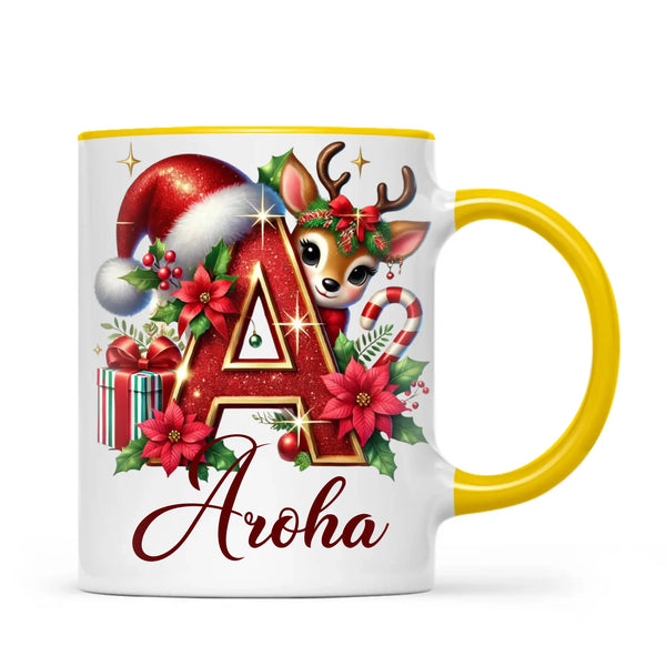 Personalised Christmas Alphabet Kids Mug – Custom Name Cup with Reindeer, Santa Hat & Festive Letter Design | 11 oz, 6 oz & Enamel Options
