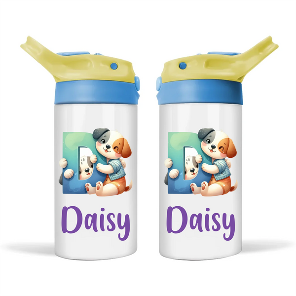 Personalised Cute Animal Alphabet Kids Sippy Bottle – Custom Double-Walled Stainless Steel Drink Bottle with Flip-Top Lid
