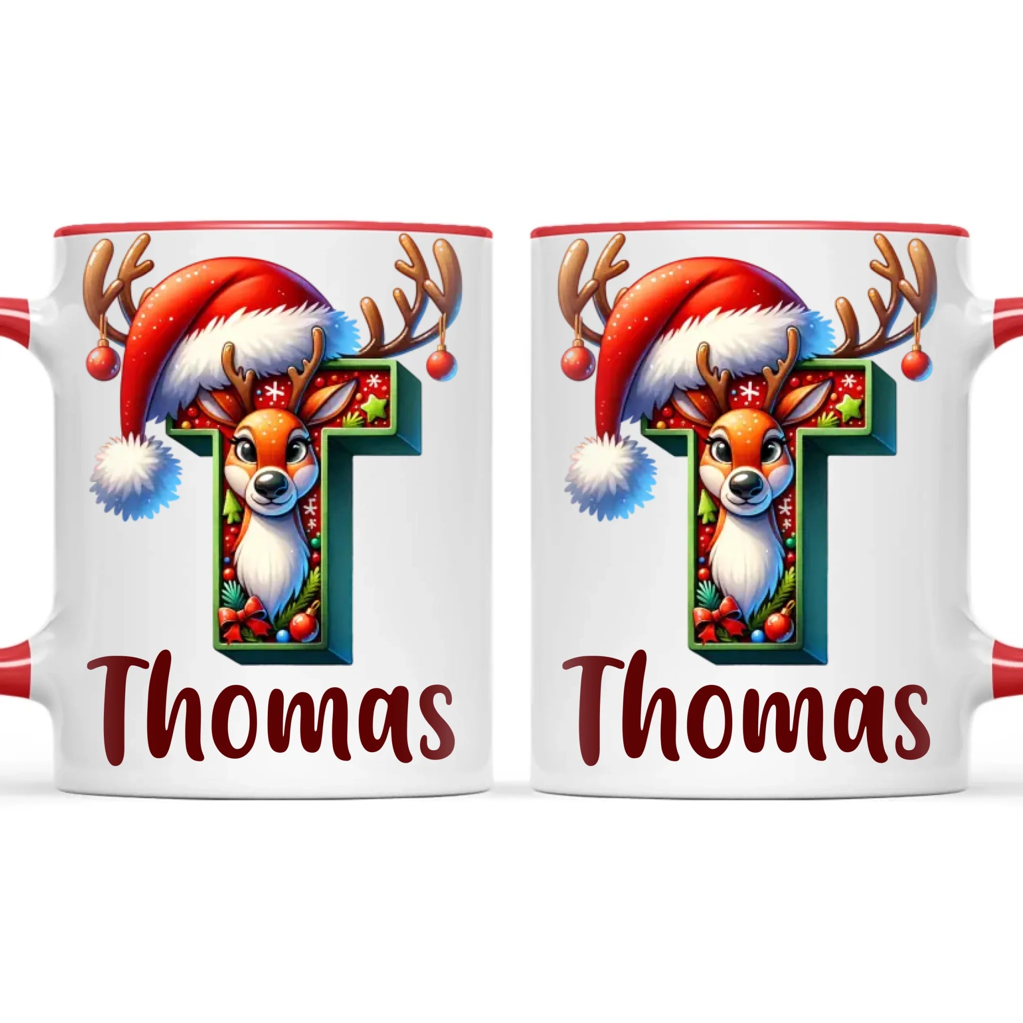 Personalised Christmas Reindeer Alphabet Kids Mug – Custom Name Cup with Festive Letter & Santa Hat | 11 oz, 6 oz & Enamel Options