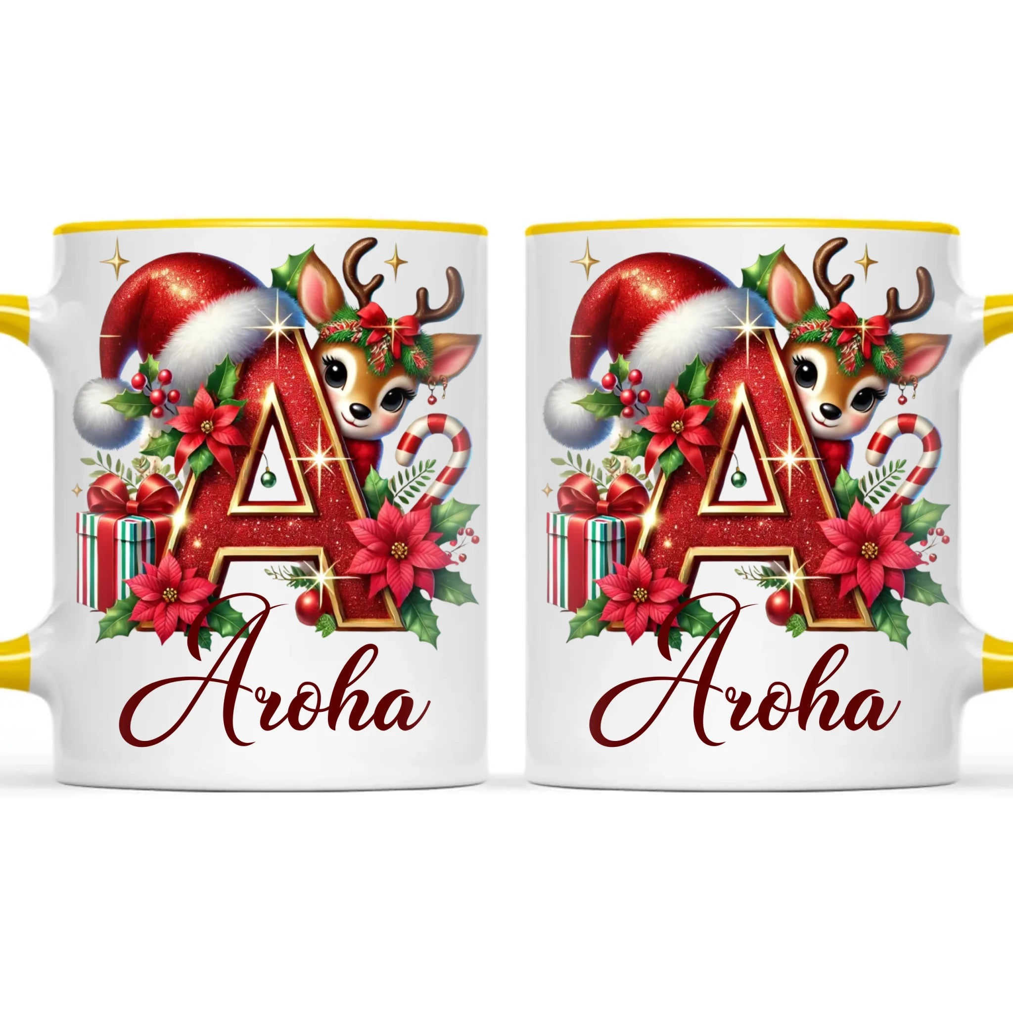 Personalised Christmas Alphabet Kids Mug – Custom Name Cup with Reindeer, Santa Hat & Festive Letter Design | 11 oz, 6 oz & Enamel Options