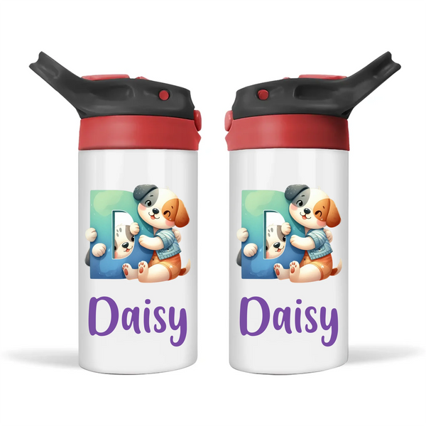Personalised Cute Animal Alphabet Kids Sippy Bottle – Custom Double-Walled Stainless Steel Drink Bottle with Flip-Top Lid